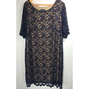 Connected Apparel Dress 22W Navy Lace Overlay Nude Lining Short Sleeve EUC